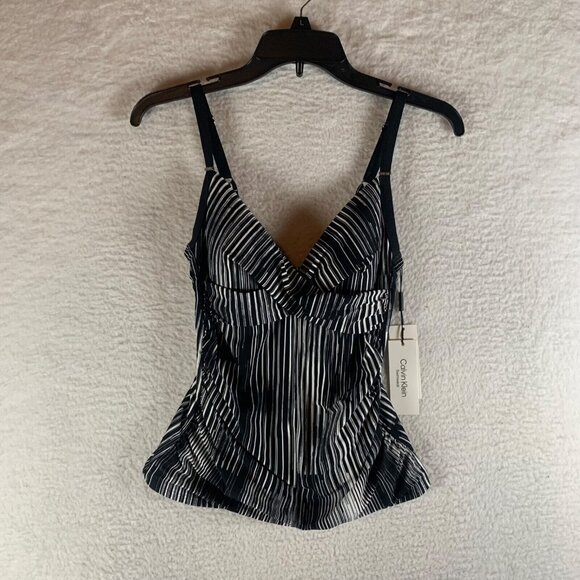 Calvin Klein Womens Twist Front Black V-Neck Stripe Tankini Swim Top Size XS NWT - Picture 1 of 8